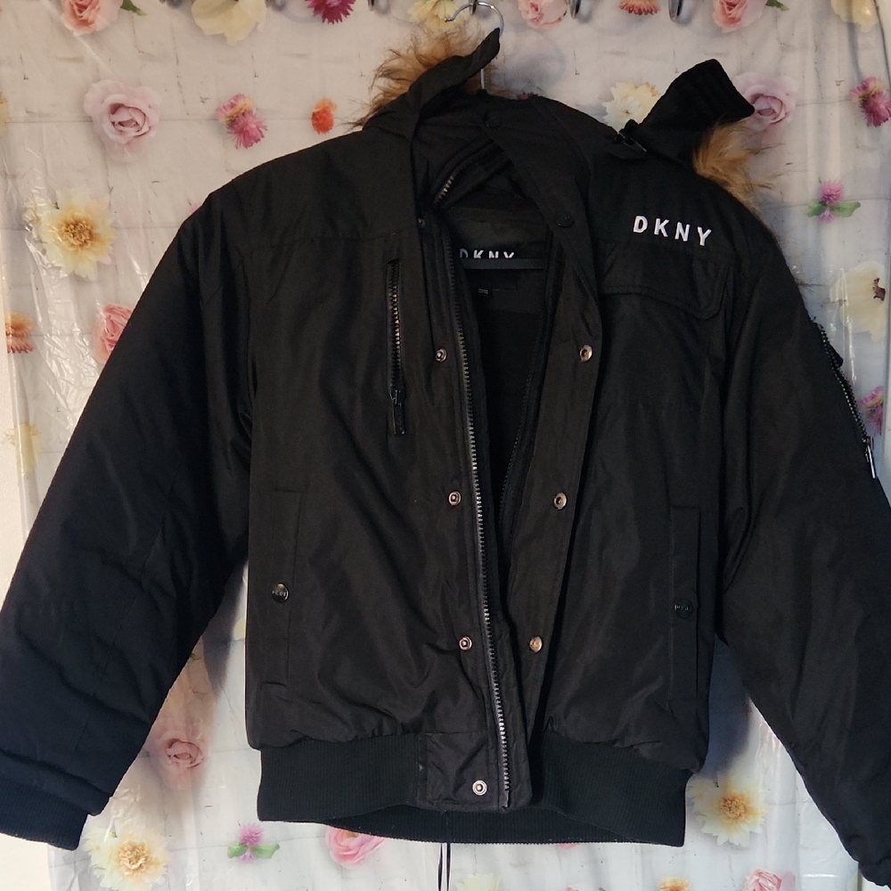 DKNY Black Puffer Jacket with Fur Trim
